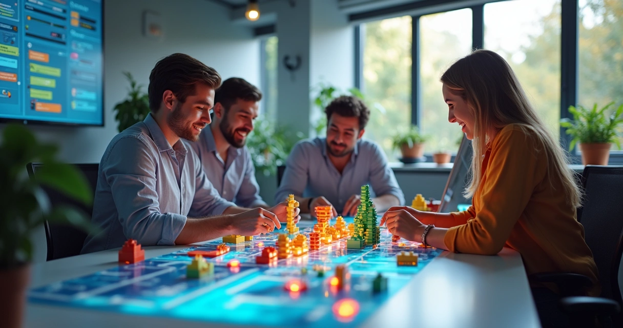 Equipe de empresa pequena montando sistemas de IA como peças de Lego, conectadas em um escritório contemporâneo 