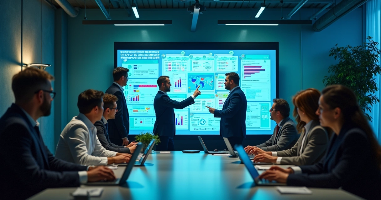 Equipe de desenvolvimento analisa fluxos operacionais em telas digitais coloridas. 