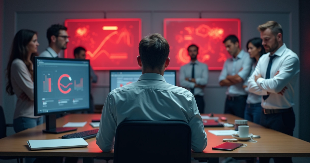 Gestor de empresa ignorando alertas sobre riscos psicossociais no ambiente de trabalho com colaboradores preocupados ao fundo