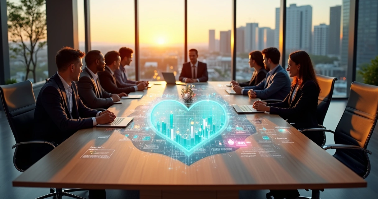 Sala de reunião com mesa em forma de coração integrada a gráficos de impacto humano 