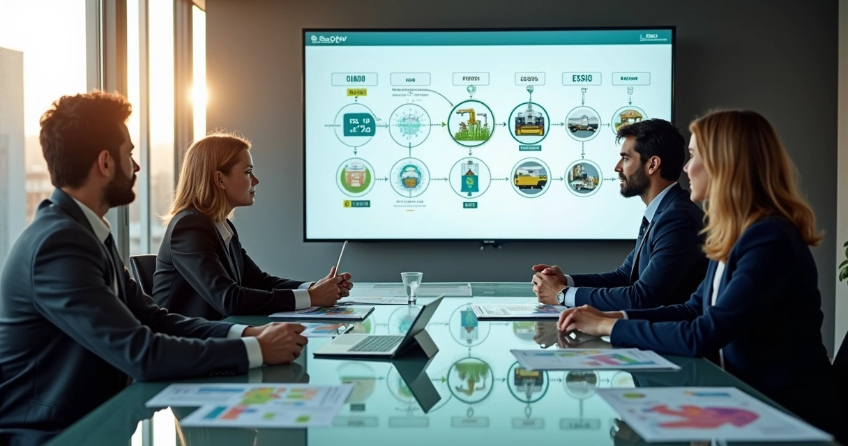 Gestores analisando painel digital ligando imposto de renda empresarial a projetos de reciclagem 