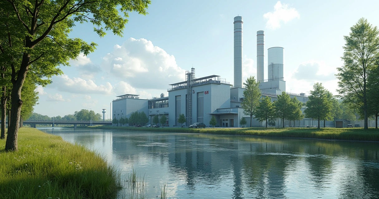 Fábrica industrial próxima a área verde e corpo d'água 