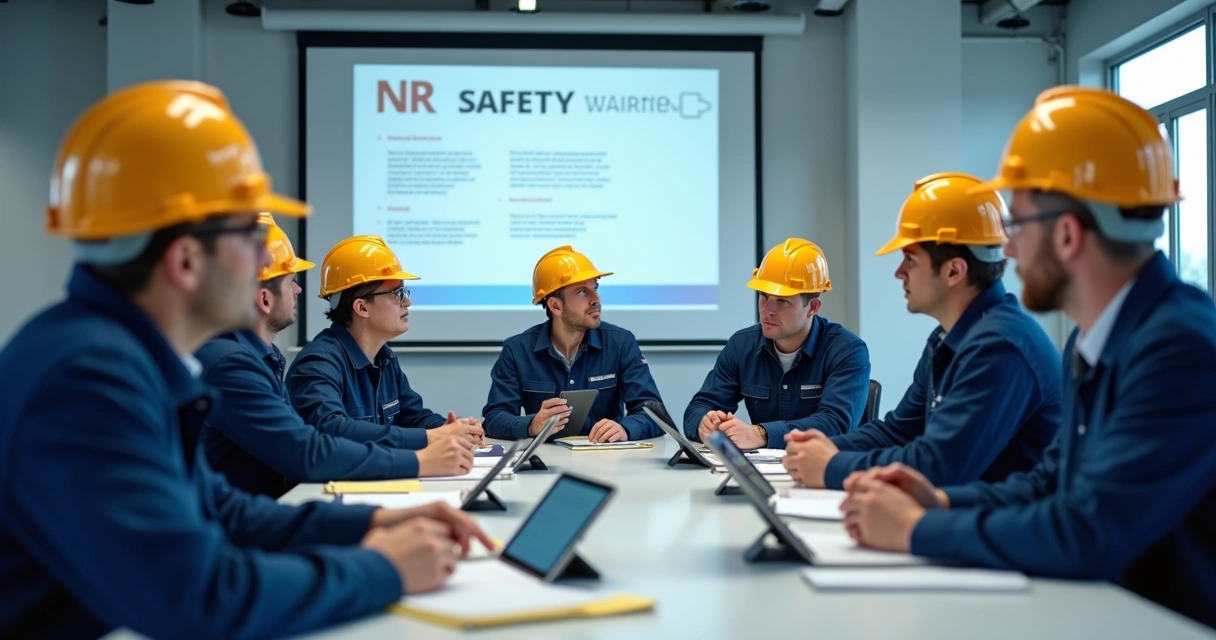 Colaboradores de indústria participando de treinamento de segurança NR 