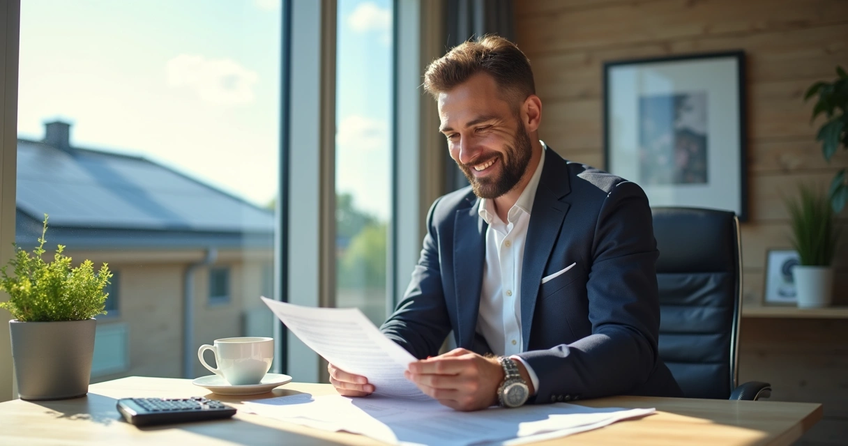 Empresário analisa fatura de energia ao lado de painéis solares 