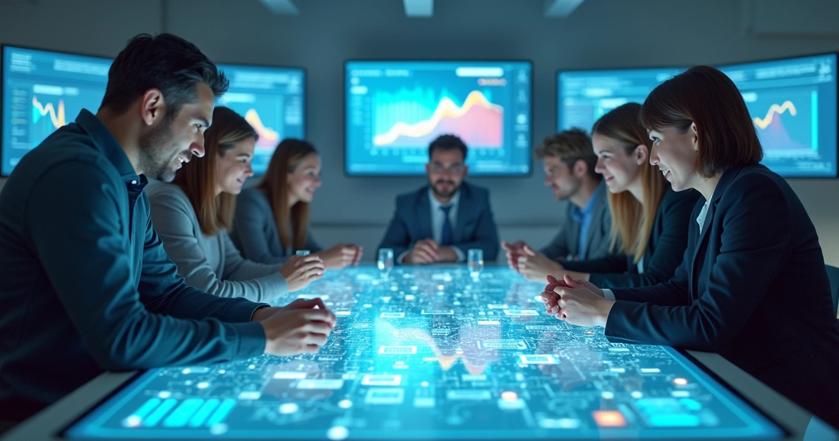 Ambiente empresarial inovador com tecnologia de IA e colaboradores interagindo 