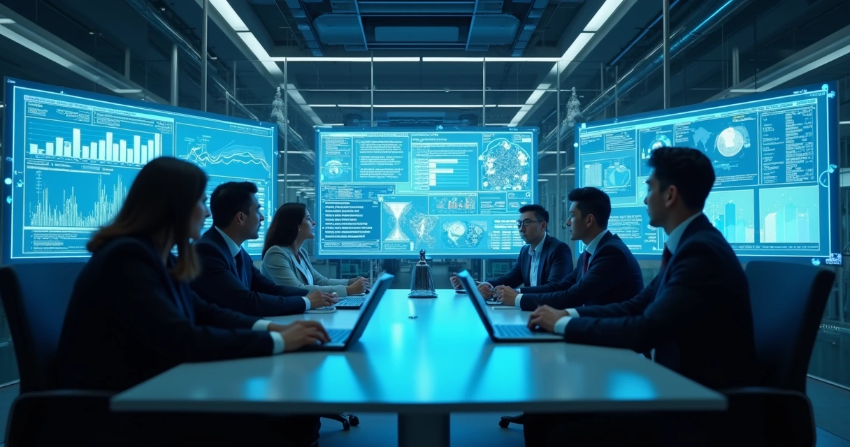 Sala de reuniões moderna com equipe olhando para telas digitais 