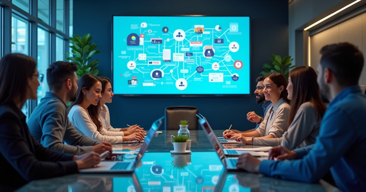 Equipe em sala de reunião planejando inovação com chatbot