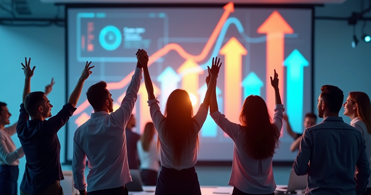 Negócio crescendo digitalmente com gráficos ascendentes e equipe comemorando 