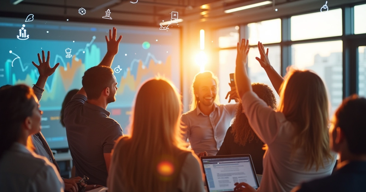 Equipe de empresa inovadora celebrando crescimento com IA 