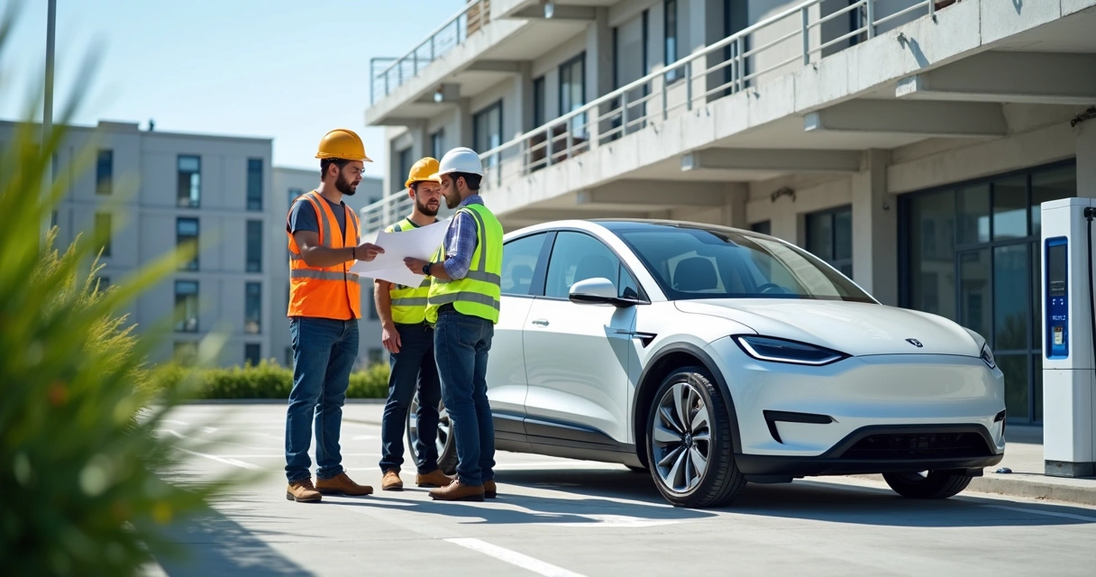Empresa instalando painéis solares e estação de recarga 