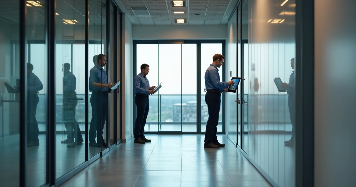 Equipe técnica instalando porta automática e câmeras de videomonitoramento 