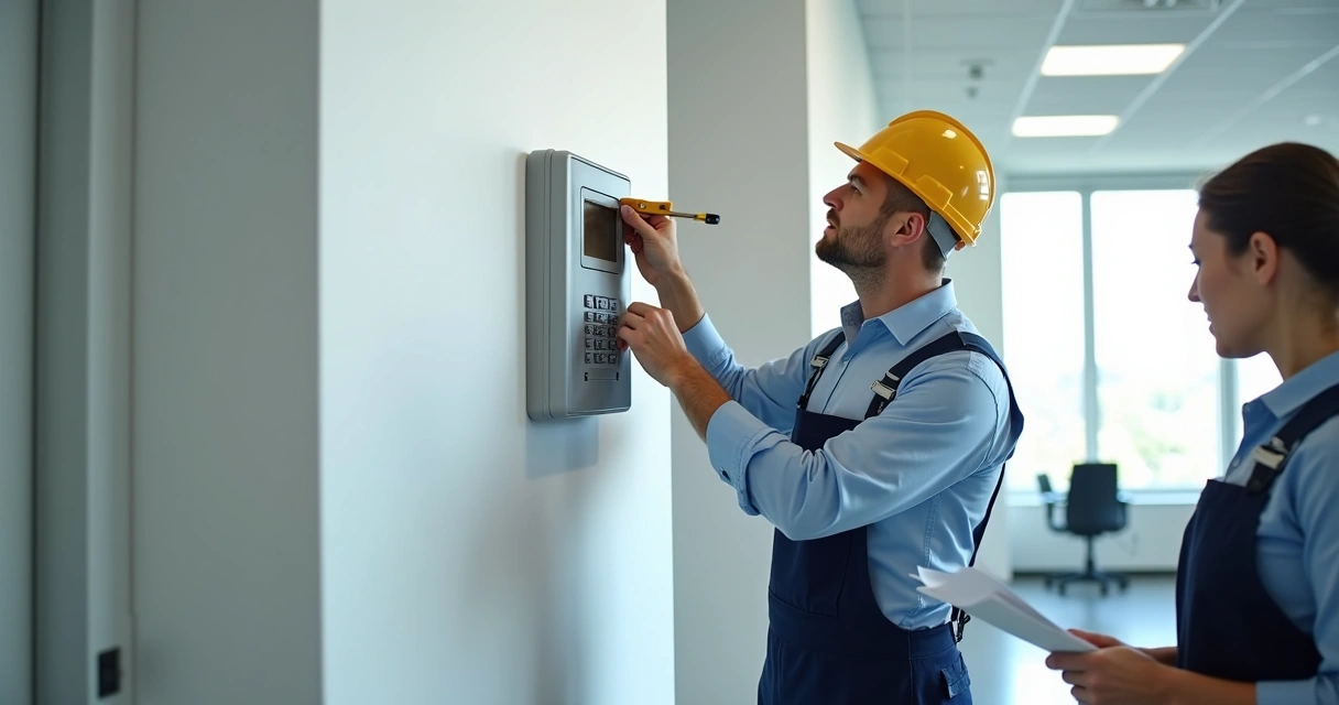 Montador instalando relógio de ponto eletrônico em parede de escritório 