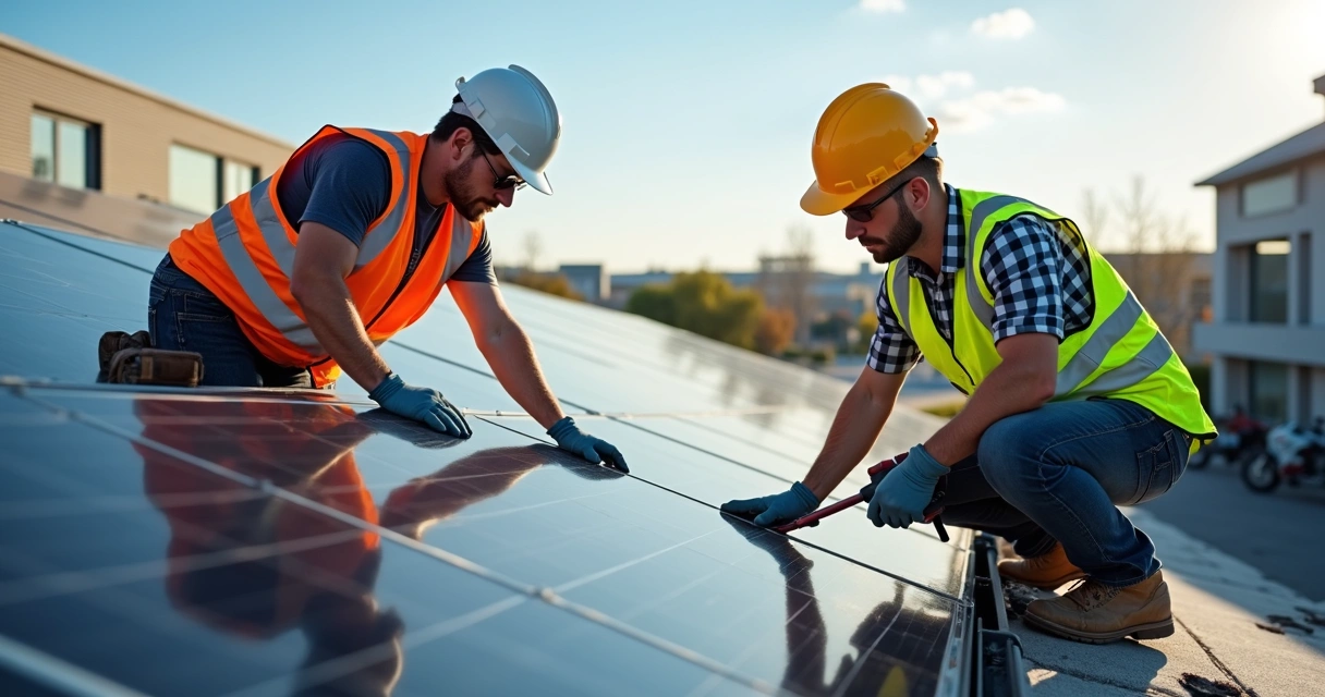Técnicos instalando painéis solares em empresa com ferramentas. 