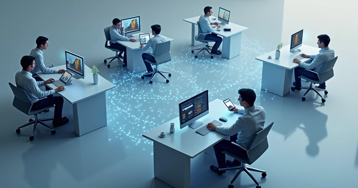 Colaboradores de empresa usando computadores e tablets integrados em ambiente de trabalho digitalizado