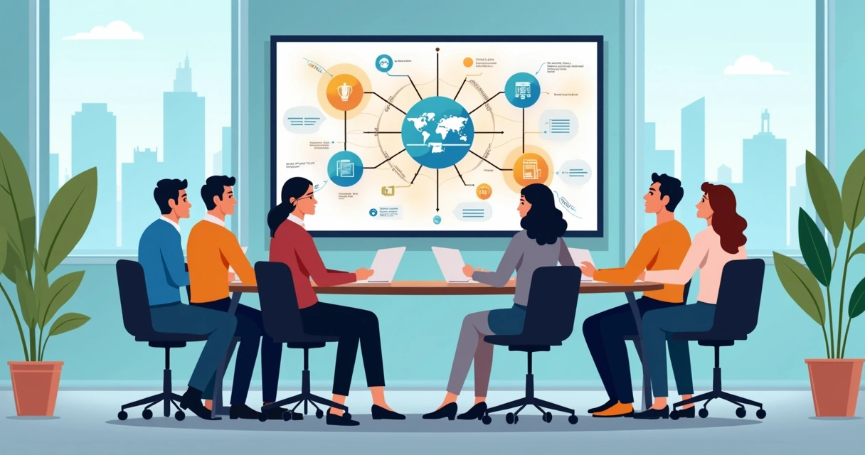 Equipe de diferentes setores da empresa reunida ao redor de uma mesa, com um monitor central exibindo gráficos e fluxogramas de integração de processos. 