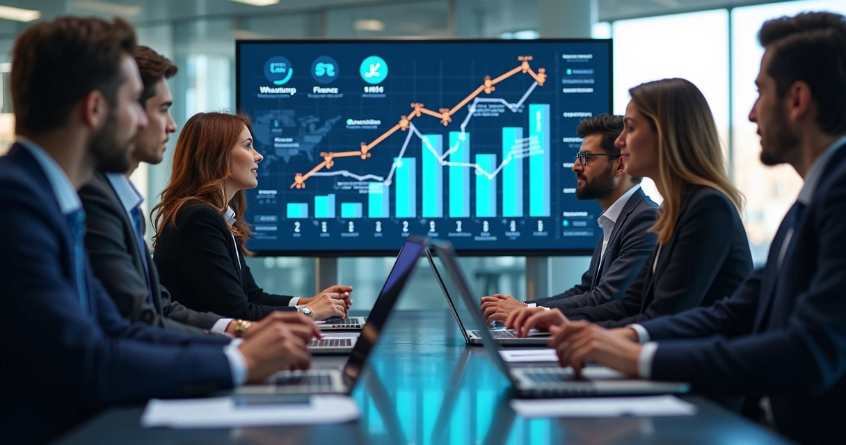 Executivos analisando gráficos de investimento em inteligência artificial em tela digital 