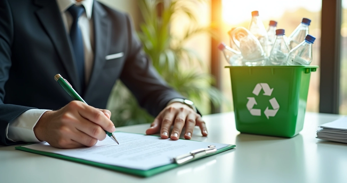 Empresário assina contrato ao lado de caixa de reciclagem