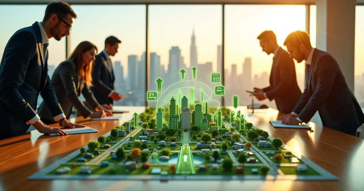 Executivos observam maquete de cidade sustentável com elementos de reciclagem e finanças 