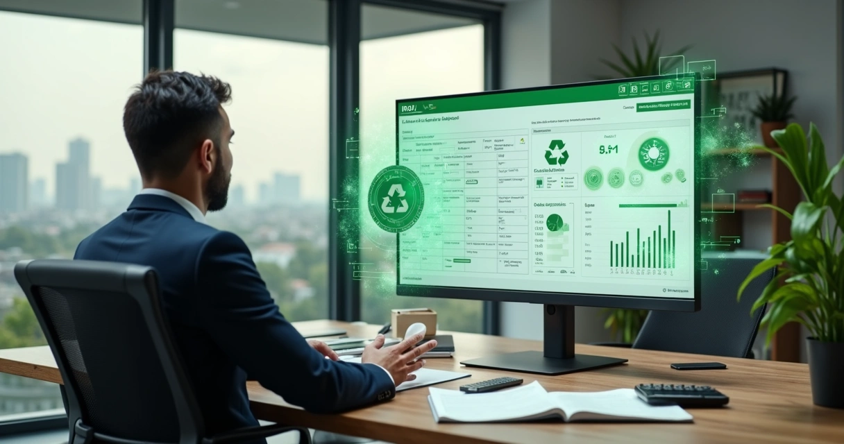 Executivo analisando IRPJ no computador com ícones de reciclagem e gráficos de impostos 