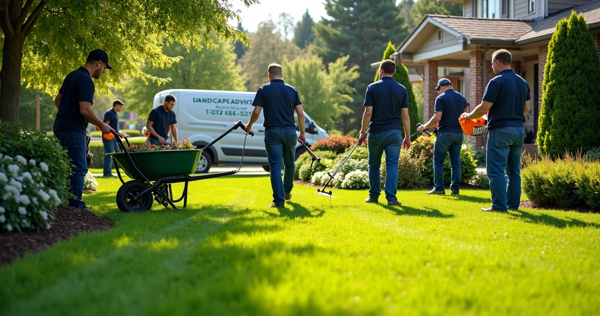Equipe de jardinagem trabalhando em área residencial com ferramentas 