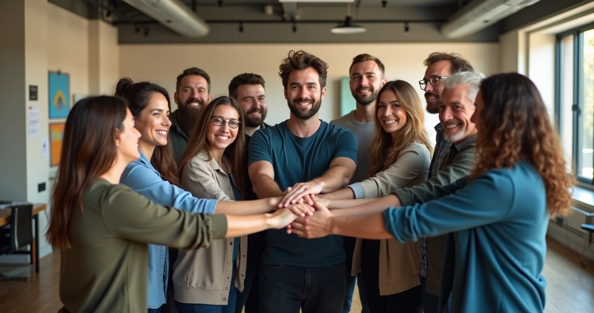 Time de empresa sentindo pertencimento com líder ao centro 
