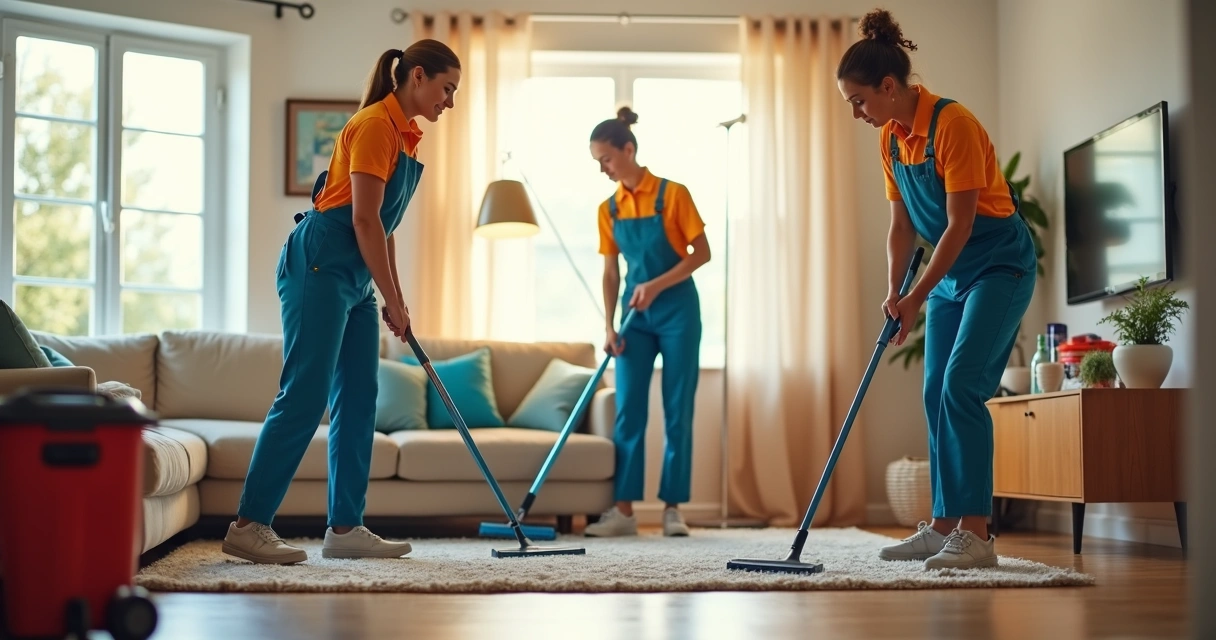 Equipe de limpeza residencial uniformizada focada em checklist de tarefas 