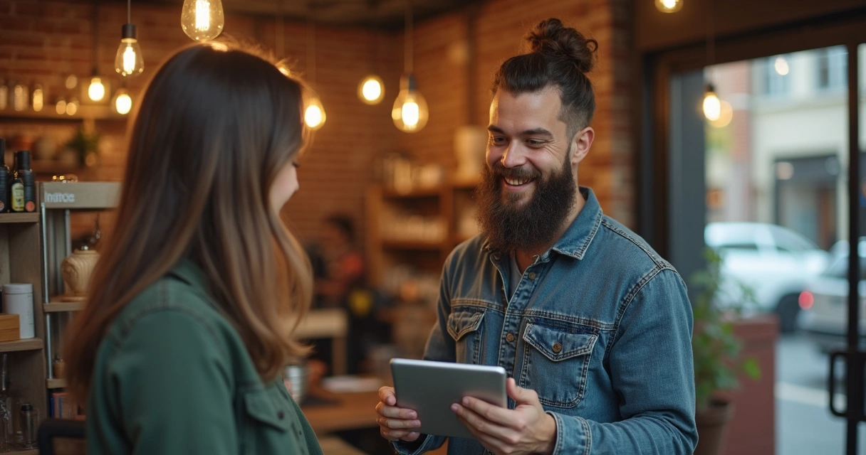 Atendimento digital em loja local com cliente usando tablet 