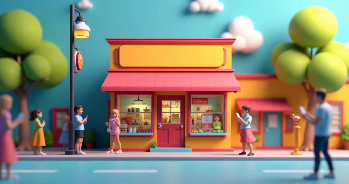 Fachada de uma empresa local com placa e pessoas entrando 