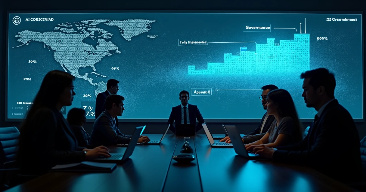 Diretoria reunida em frente a grande parede com mapa de maturidade em IA 