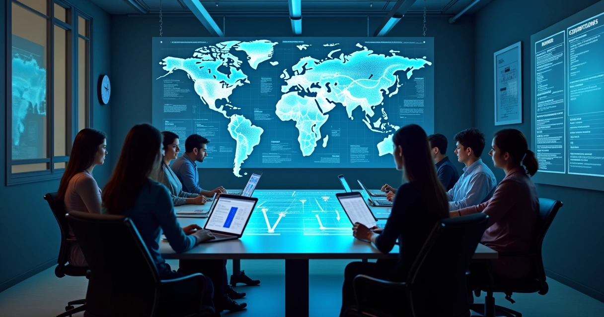 Ambiente de empresa com painéis digitais e equipes conectadas 