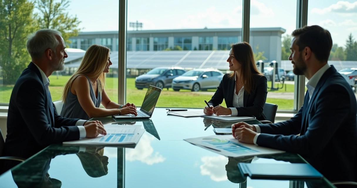Empresários analisando mercado livre de energia com carros elétricos 