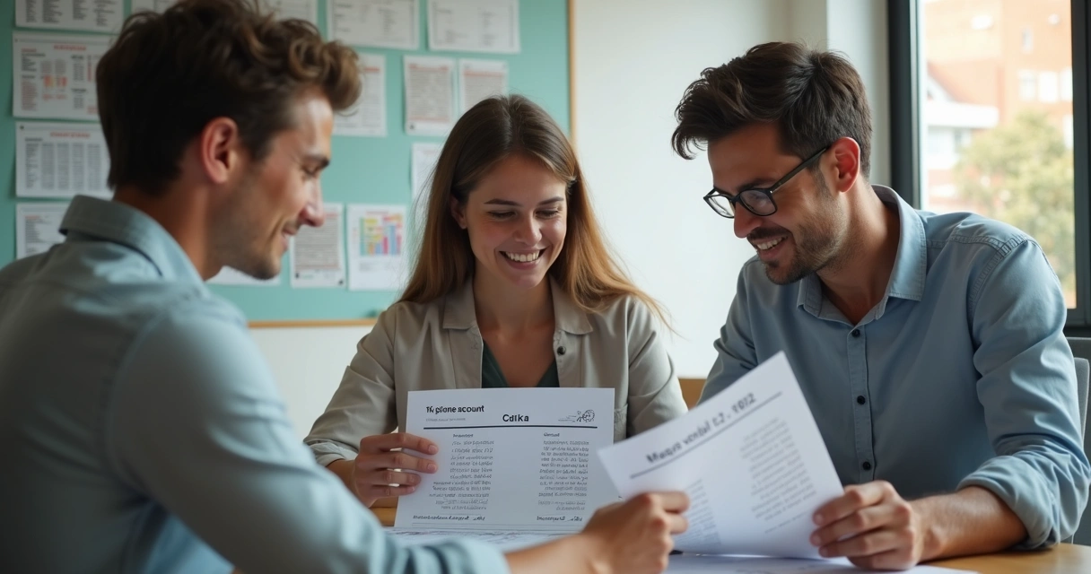 Plano de contas simplificado em microempresa, com funcionários de escritório revisando papéis. 