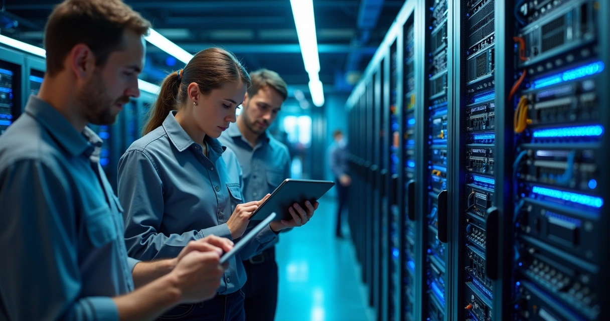 Equipe de TI configurando equipamentos de PABX digital 