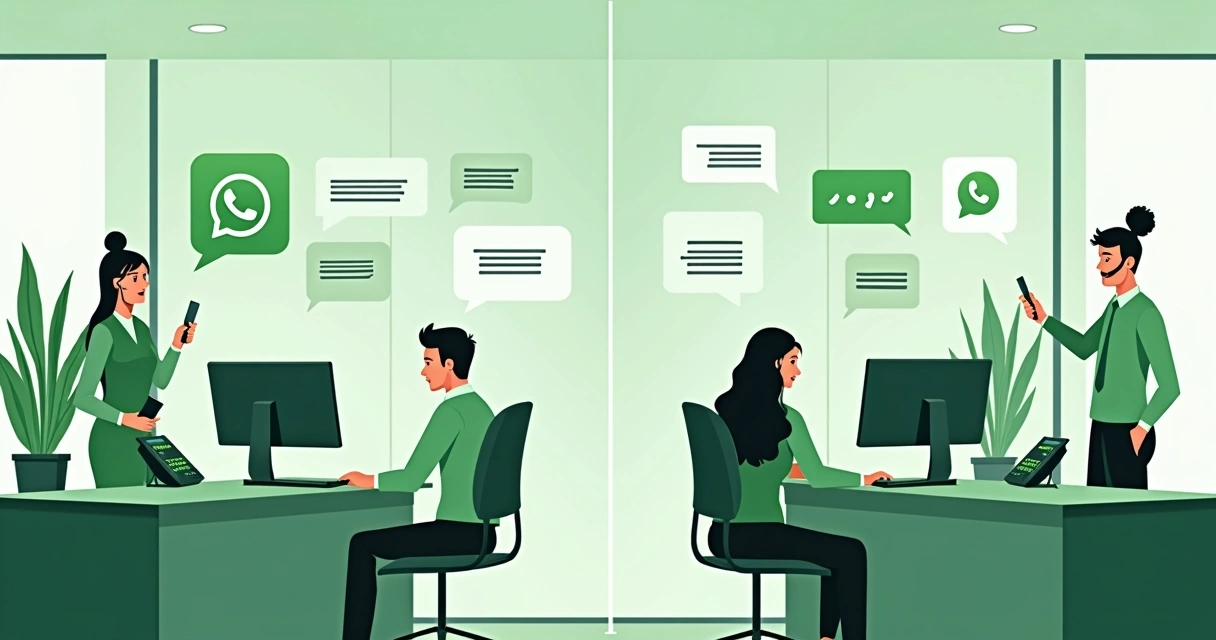 Equipe de atendimento migrando do telefone para WhatsApp diante de computadores e telas 