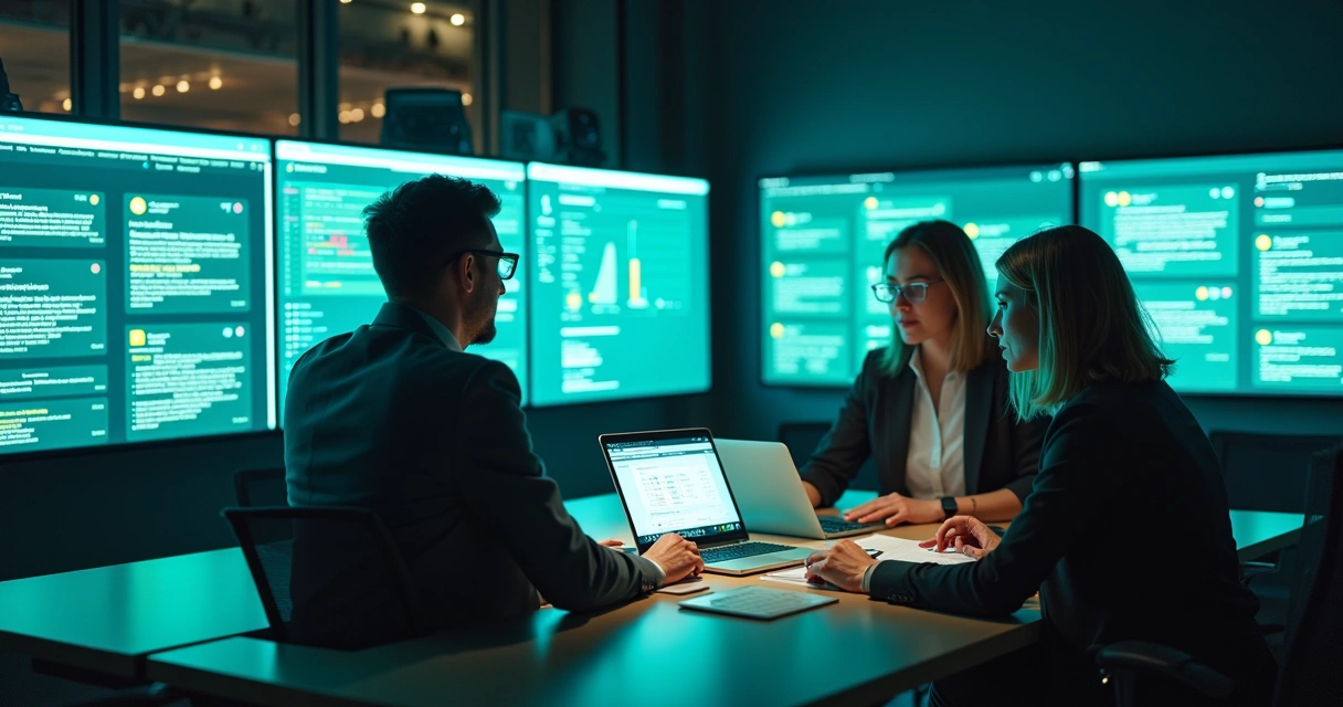 Equipe de atendimento empresarial em ambiente moderno usando telas digitais integradas 