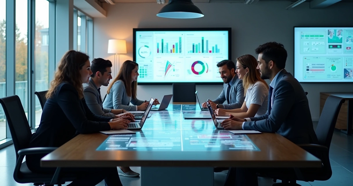 Profissionais reunidos em ambiente corporativo digitalizados e integração tecnológica. 