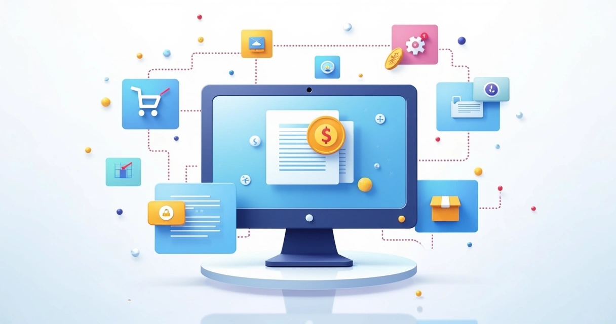 Tela de computador exibindo módulos digitais de gestão empresarial com ícones coloridos representando vendas, financeiro e estoque, sobre fundo branco e azul 