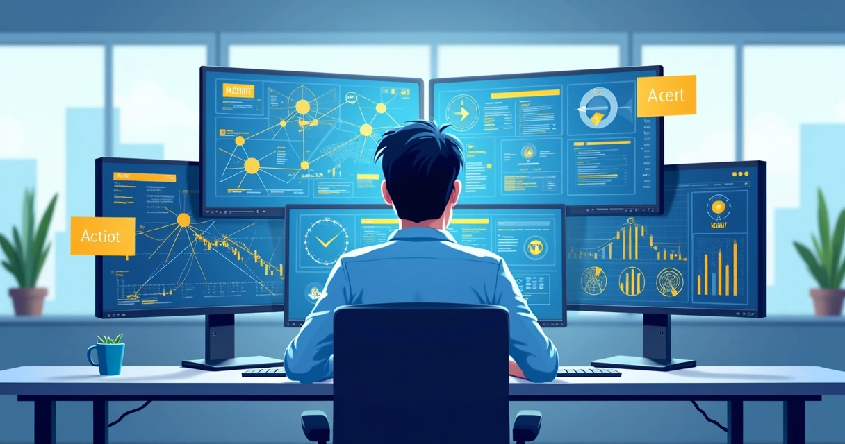 Profissional de TI monitorando redes de empresa em múltiplos monitores 