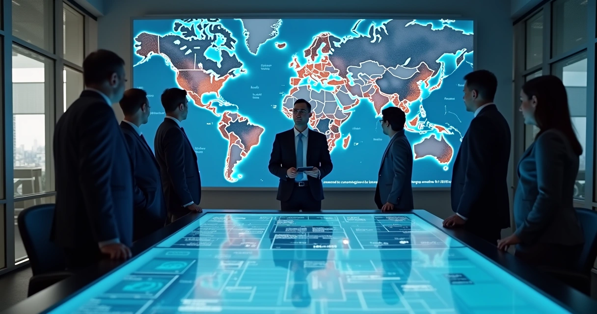 Equipe de gestão analisando dados de certidões de filiais em painel digital 
