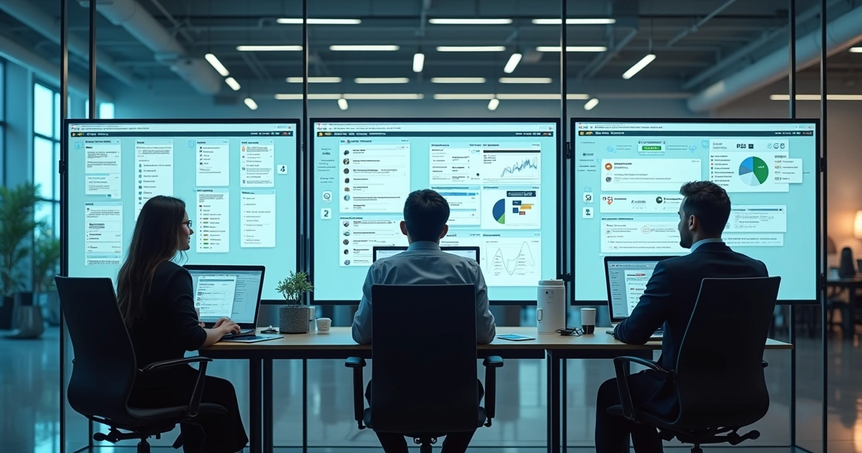 Várias equipes colaborando em painéis digitais integrados ao WhatsApp