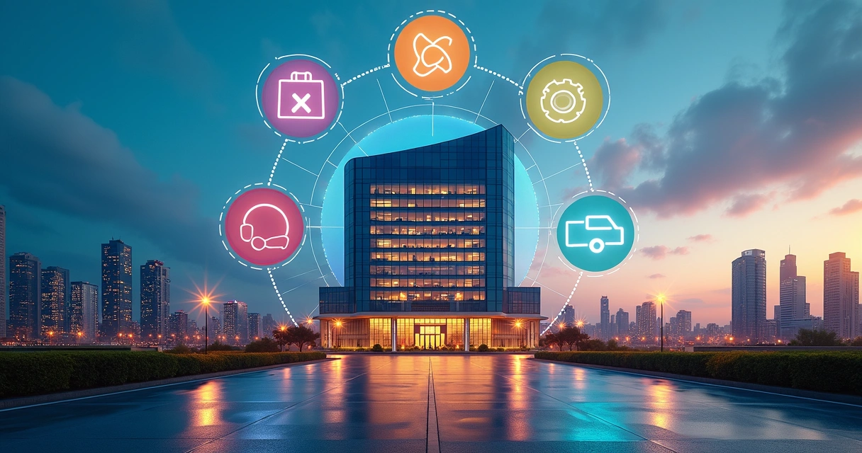 Matriz empresarial com várias áreas de negócios representadas visualmente 