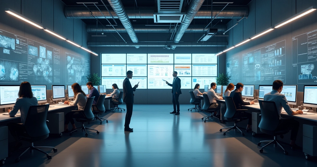 Vista de escritório integrando setores diversos com tecnologia 