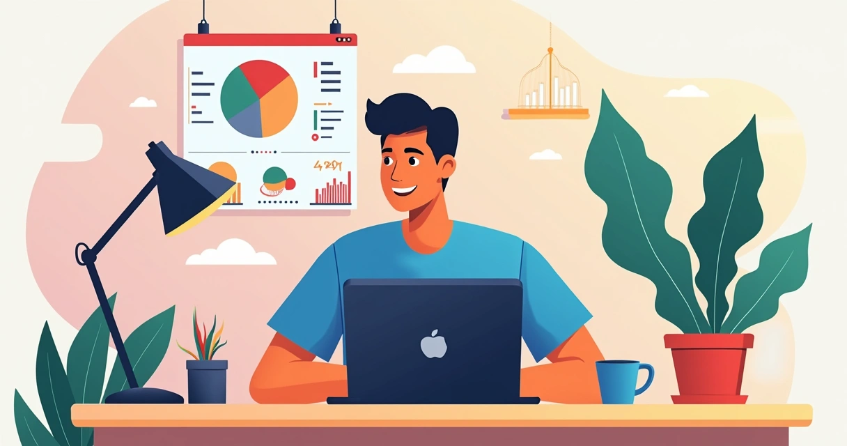 Empresário português analisando gráficos de vendas de loja online em escritório moderno, laptop aberto, cenário colorido e dinâmico. 