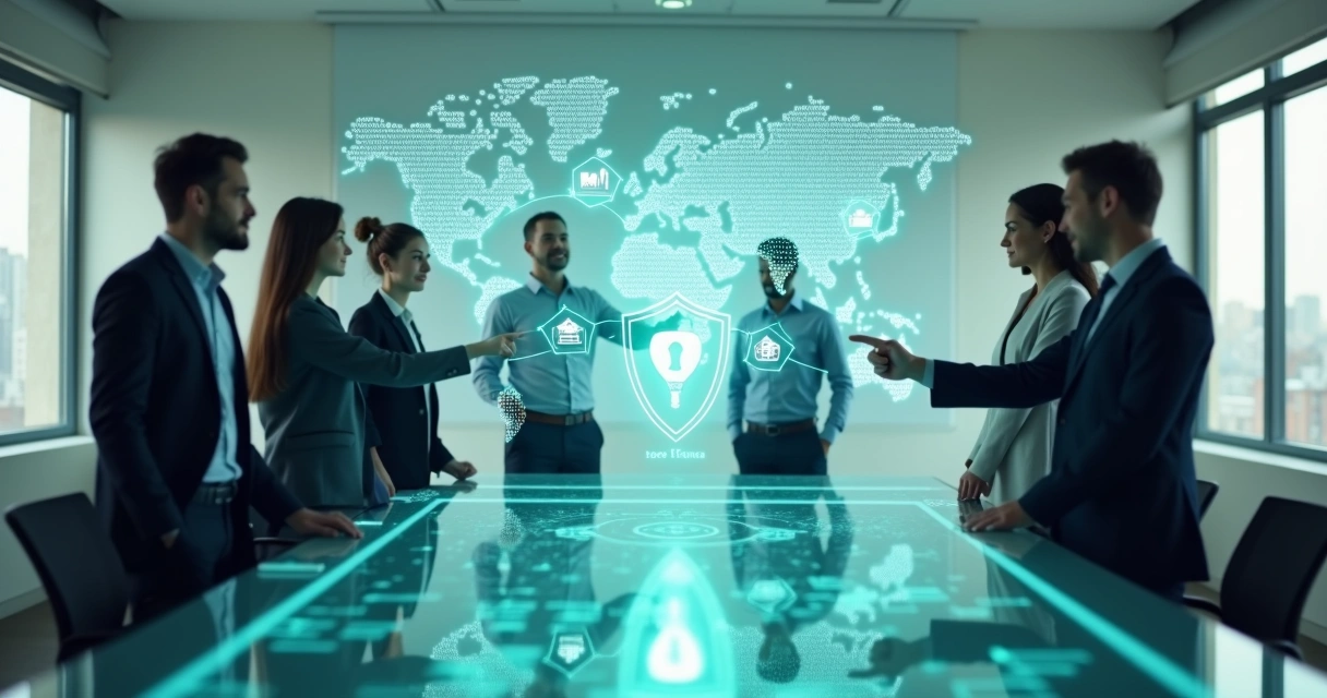 Equipe empresarial observando mapa de conexões financeiras com ícones de segurança 