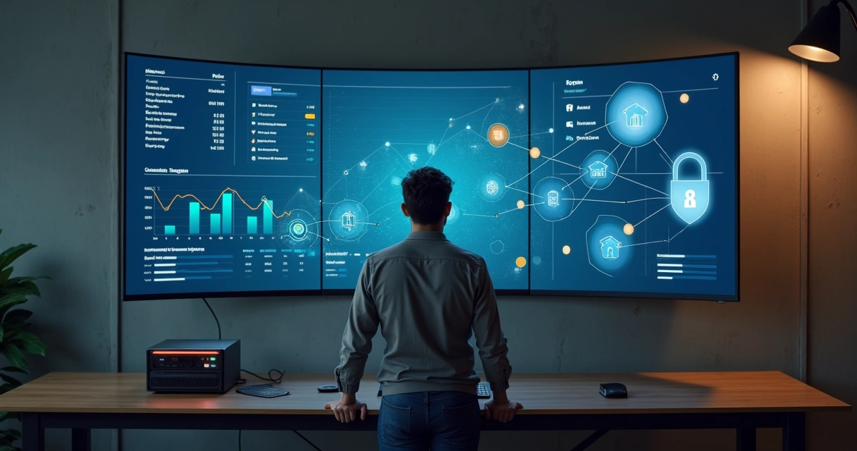 Gestor financeiro ajustando painel privado de Open Finance com gráfico e ícones de segurança 