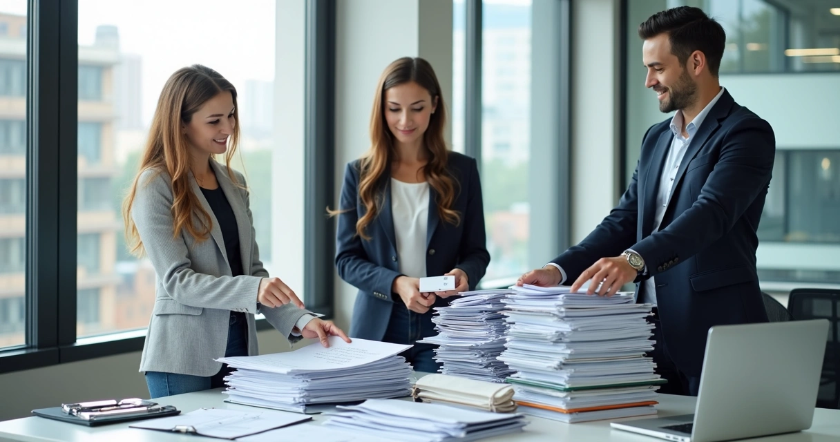 Equipe organizando pilhas de documentos em um escritório moderno