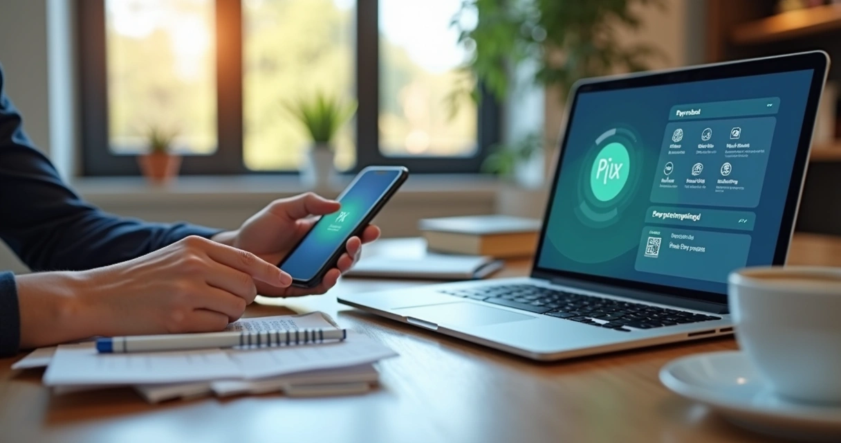 Pessoa verificando pagamentos digitais na tela do computador e do celular