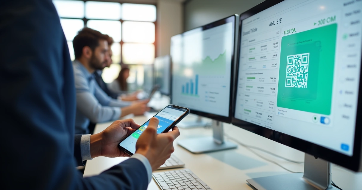 Gestor financeiro escaneando Pix QR Code dinâmico em tela com dashboard de pagamentos 