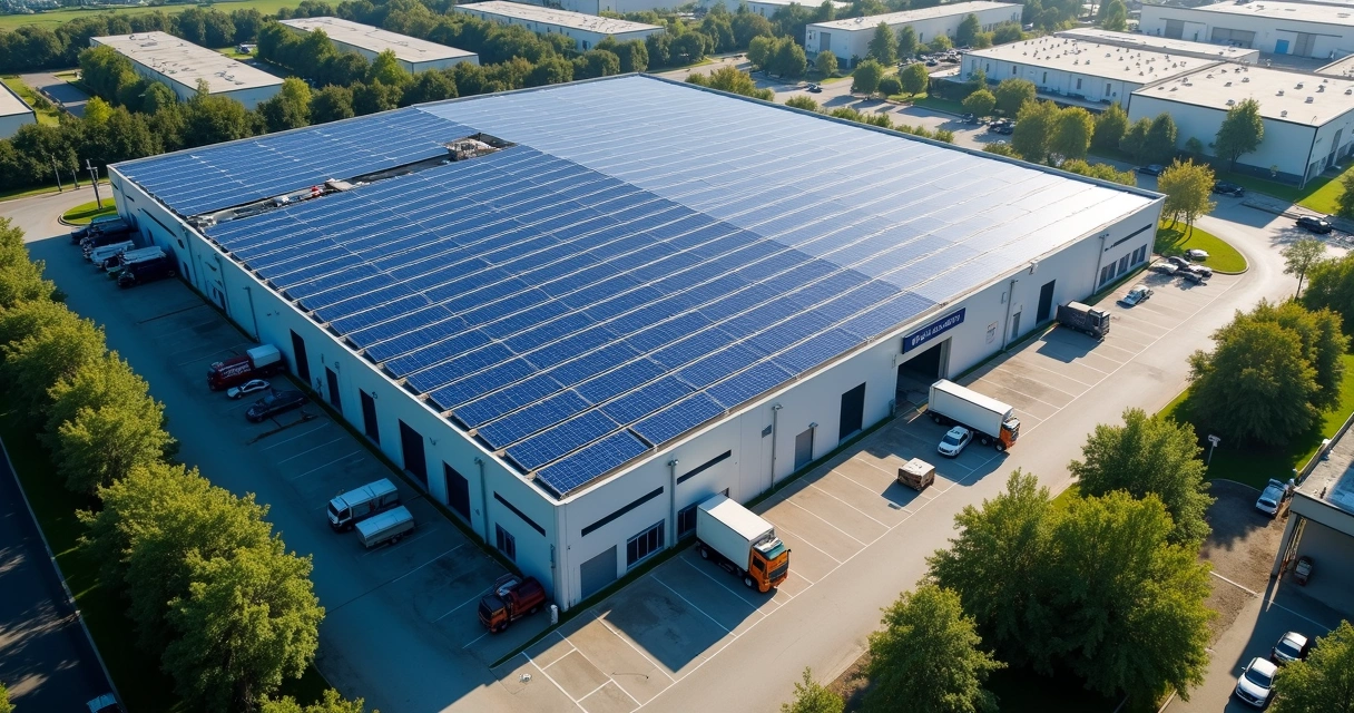 Galpão industrial com painéis fotovoltaicos no telhado 