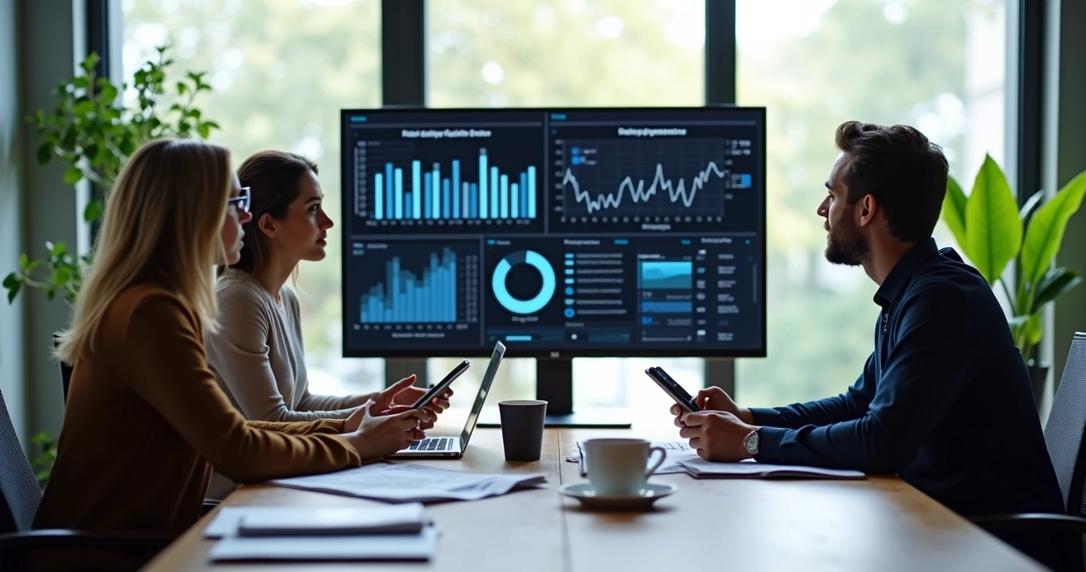 Equipe pequena analisando dados em escritório moderno 